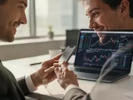 Ein Büroangestellter blickt an einem modernen Arbeitsplatz auf sein Smartphone, während ein Laptop im Hintergrund steht. - Foto: über boerse-global.de