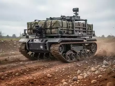 Ein autonomes, modulares Bodenfahrzeug mit Ketten-Rad-Antrieb fährt über unebenes Gelände und transportiert schwere Lasten. - Foto: über boerse-global.de