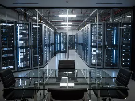 Moderne Serverräume eines Rechenzentrums mit blau leuchtenden LED-Anzeigen in einer technologischen Arbeitsumgebung. - Foto: über boerse-global.de