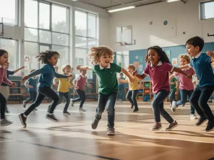 Eine Gruppe von Kindern beim Spielen in einer hellen Turnhalle als Symbol für aktive Gesundheitsvorsorge. - Foto: über boerse-global.de