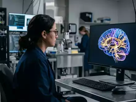 Ein moderner neurowissenschaftlicher Forschungsarbeitsplatz mit einer detaillierten 3D-Visualisierung neuronaler Gehirnstrukturen auf einem Monitor. - Foto: über boerse-global.de
