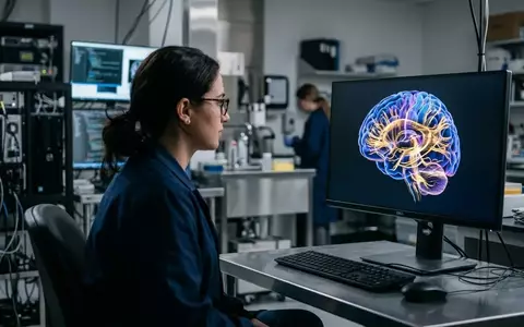 Ein moderner neurowissenschaftlicher Forschungsarbeitsplatz mit einer detaillierten 3D-Visualisierung neuronaler Gehirnstrukturen auf einem Monitor. - Foto: über boerse-global.de