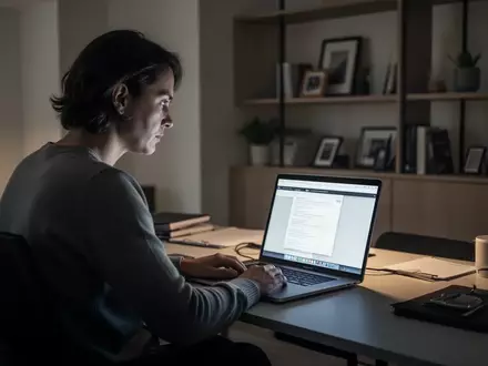 Eine Person sitzt an einem Schreibtisch vor einem Laptop und blickt nachdenklich auf den Bildschirm in einem modern beleuchteten Raum. - Foto: über boerse-global.de