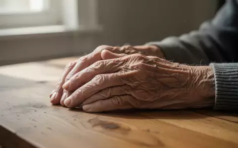 Nahaufnahme der Hände einer Person auf einem Holztisch bei natürlichem Tageslicht, symbolisch für die Hilfsbedürftigkeit. - Foto: über boerse-global.de
