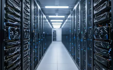 Reihen von Hochleistungsservern in einem modernen Rechenzentrum mit bläulicher Beleuchtung. - Foto: über boerse-global.de