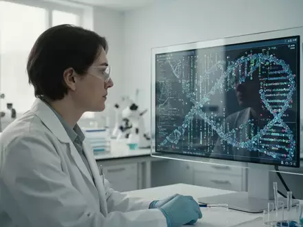 Wissenschaftler betrachtet komplexe DNA-Struktur auf einem Monitor in einem modernen medizinischen Forschungslabor. - Foto: über boerse-global.de