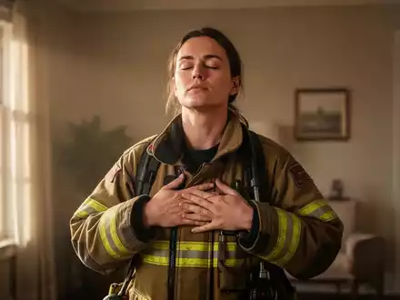 Ein Feuerwehrmann in Uniform praktiziert in einem ruhigen Raum eine Atemübung zur Entspannung und Resilienzförderung. - Foto: über boerse-global.de