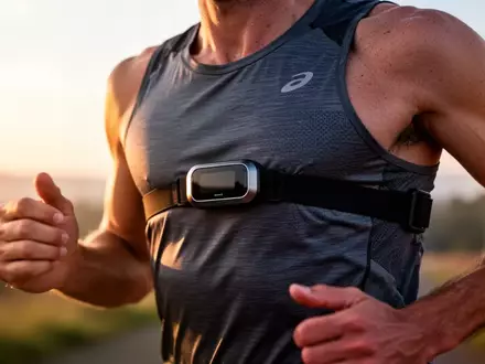 Ein Sportler trägt beim Laufen einen Brustgurt zur Herzfrequenzmessung bei Sonnenaufgang. - Foto: über boerse-global.de