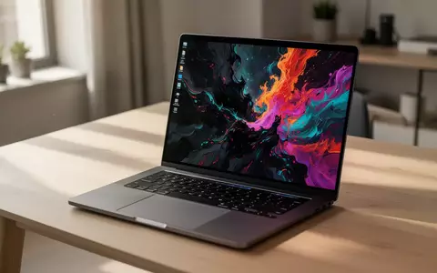 Ein hochwertiges Laptop mit einem leuchtenden OLED-Bildschirm auf einem modernen Schreibtisch in einem hellen Büro. - Foto: über boerse-global.de