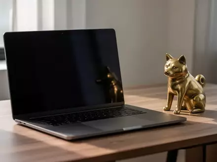 Ein minimalistischer Schreibtisch mit einer Shiba-Inu-Figur aus Messing neben einem Laptop bei natürlichem Licht. - Foto: über boerse-global.de