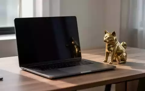 Ein minimalistischer Schreibtisch mit einer Shiba-Inu-Figur aus Messing neben einem Laptop bei natürlichem Licht. - Foto: über boerse-global.de