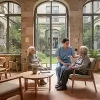 Ein heller, moderner Gemeinschaftsraum in einem renovierten Gebäude, in dem eine Pflegekraft mit einem Senioren spricht. - Foto: über boerse-global.de