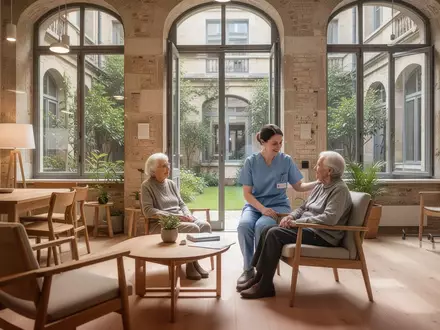 Ein heller, moderner Gemeinschaftsraum in einem renovierten Gebäude, in dem eine Pflegekraft mit einem Senioren spricht. - Foto: über boerse-global.de