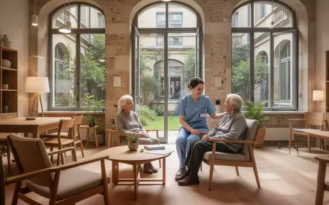 Ein heller, moderner Gemeinschaftsraum in einem renovierten Gebäude, in dem eine Pflegekraft mit einem Senioren spricht. - Foto: über boerse-global.de