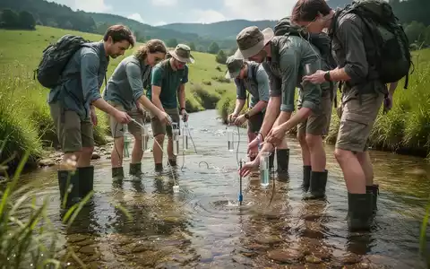 Freiwillige Helfer entnehmen Wasserproben aus einem kleinen Fließgewässer für wissenschaftliche Untersuchungen. - Foto: über boerse-global.de