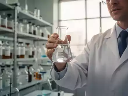 Ein Wissenschaftler in einem Labor hält ein Reagenzglas mit einer klaren Flüssigkeit vor unscharfen Chemikalienregalen. - Foto: über boerse-global.de