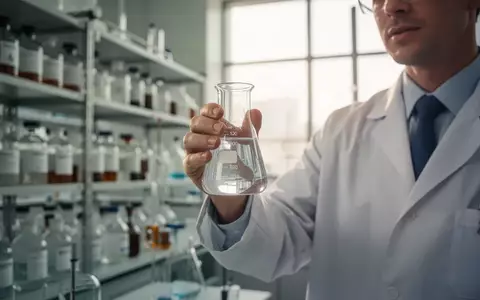 Ein Wissenschaftler in einem Labor hält ein Reagenzglas mit einer klaren Flüssigkeit vor unscharfen Chemikalienregalen. - Foto: über boerse-global.de