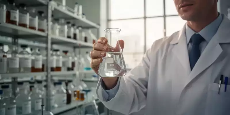 Ein Wissenschaftler in einem Labor hält ein Reagenzglas mit einer klaren Flüssigkeit vor unscharfen Chemikalienregalen. - Foto: über boerse-global.de
