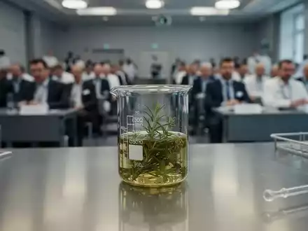 Ein wissenschaftliches Laborgefäß mit einem pflanzlichen Extrakt auf einem Edelstahltisch während eines medizinischen Kongresses. - Foto: über boerse-global.de