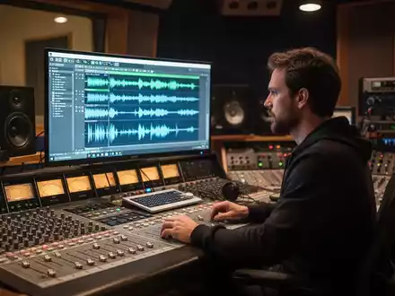 Ein Toningenieur arbeitet in einem professionellen Tonstudio an einer Audio-Workstation an einem Computerbildschirm. - Foto: über boerse-global.de