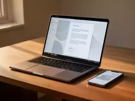 Ein moderner Schreibtisch mit Laptop und Smartphone, die eine Dokumenten-Software anzeigen, bei natürlichem Tageslicht. - Foto: über boerse-global.de