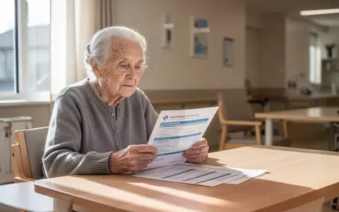 Eine ältere Person sitzt an einem hellen Holztisch in einer modernen Pflegeeinrichtung und blickt auf Dokumente. - Foto: über boerse-global.de