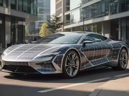 Ein futuristischer Solar-Elektroauto-Prototyp mit integrierten Photovoltaikzellen auf einer sonnigen Stadtstraße. - Foto: über boerse-global.de