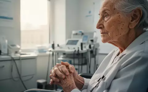 Eine ältere Person mit sichtbaren Gelenkveränderungen sitzt nachdenklich in einer hellen Arztpraxis. - Foto: über boerse-global.de