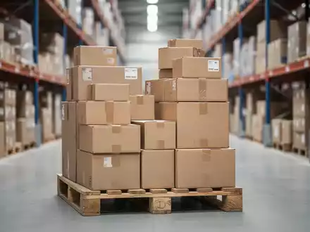 Ein Stapel Pappkartons auf einer Holzpalette in einem modernen Lagerhaus, symbolisch für Verpackungslogistik. - Foto: über boerse-global.de