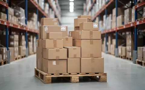Ein Stapel Pappkartons auf einer Holzpalette in einem modernen Lagerhaus, symbolisch für Verpackungslogistik. - Foto: über boerse-global.de