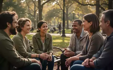 Eine diverse Gruppe von Menschen führt ein freundschaftliches Gespräch in einem sonnigen Park. - Foto: über boerse-global.de