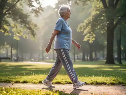 Eine ältere Person in Sportkleidung geht achtsam und gelenkschonend durch einen sonnendurchfluteten Park am Morgen. - Foto: über boerse-global.de