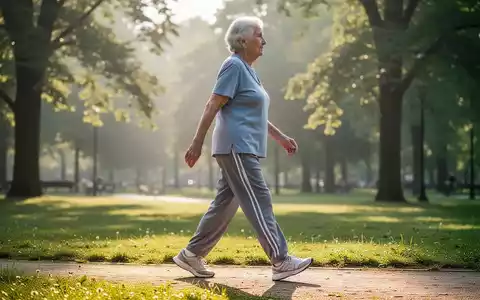 Eine ältere Person in Sportkleidung geht achtsam und gelenkschonend durch einen sonnendurchfluteten Park am Morgen. - Foto: über boerse-global.de