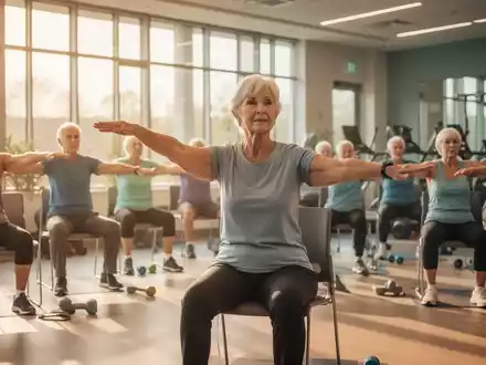 Eine ältere Frau leitet eine Fitnessgruppe für Senioren in einem hellen Gemeindezentrum, in dem Teilnehmer auf Stühlen sitzen. - Foto: über boerse-global.de