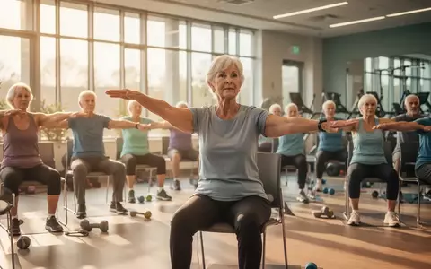 Eine ältere Frau leitet eine Fitnessgruppe für Senioren in einem hellen Gemeindezentrum, in dem Teilnehmer auf Stühlen sitzen. - Foto: über boerse-global.de