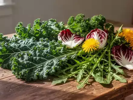 Frische grüne Gemüsesorten wie Grünkohl und Radicchio auf einem Holztisch bei natürlichem Tageslicht. - Foto: über boerse-global.de