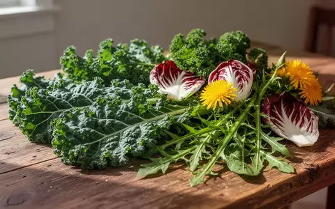 Frische grüne Gemüsesorten wie Grünkohl und Radicchio auf einem Holztisch bei natürlichem Tageslicht. - Foto: über boerse-global.de