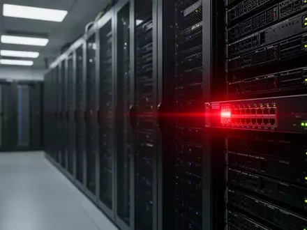 Ein beleuchteter Netzwerkschalter in einem dunklen Serverraum als Symbol für eine Cyber-Sicherheitsbedrohung. - Foto: über boerse-global.de