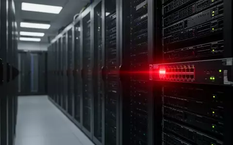 Ein beleuchteter Netzwerkschalter in einem dunklen Serverraum als Symbol für eine Cyber-Sicherheitsbedrohung. - Foto: über boerse-global.de
