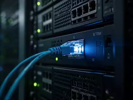 Nahaufnahme eines beleuchteten Server-Racks in einem dunklen Rechenzentrum, die die zunehmende Bedrohung durch Cyberangriffe symbolisiert. - Foto: über boerse-global.de