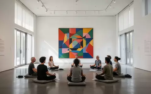 Eine kleine Gruppe von Menschen meditiert auf Sitzkissen in einem hellen, modernen Museum vor einem abstrakten Gemälde. - Foto: über boerse-global.de