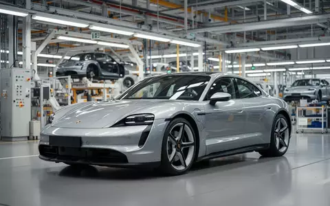 Ein silberner Porsche Taycan in einer modernen Montagehalle des Porsche-Stammwerks in Stuttgart-Zuffenhausen. - Foto: über boerse-global.de