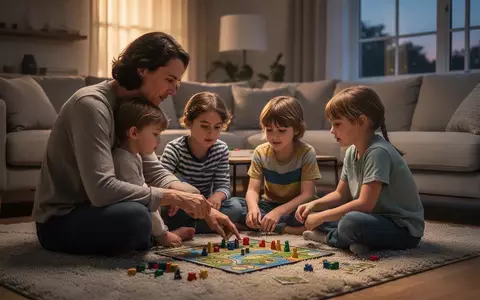 Eine Familie spielt gemeinsam ein Brettspiel in einem gemütlichen Wohnzimmer ohne elektronische Geräte. - Foto: über boerse-global.de