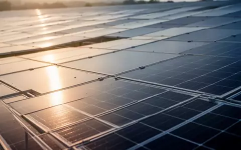 Reihen von Photovoltaik-Modulen in einem Solarpark bei spätem Nachmittagslicht. - Foto: über boerse-global.de