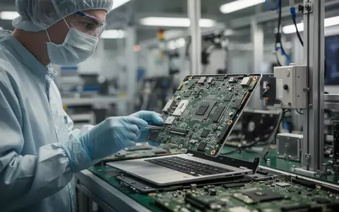 Ein Techniker montiert in einer modernen Computer-Fertigungsanlage eine Laptop-Platine. - Foto: über boerse-global.de