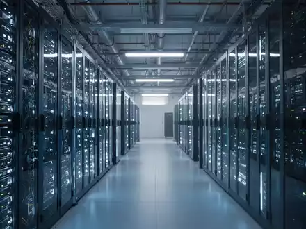 Modernes Rechenzentrum mit leuchtenden Server-Racks in einer industriellen Umgebung. - Foto: über boerse-global.de