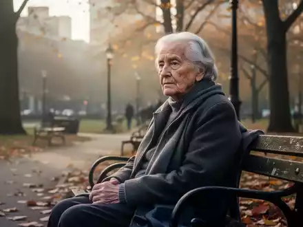 Eine nachdenklich wirkende ältere Person sitzt auf einer Parkbank in einem sonnendurchfluteten Stadtpark. - Foto: über boerse-global.de
