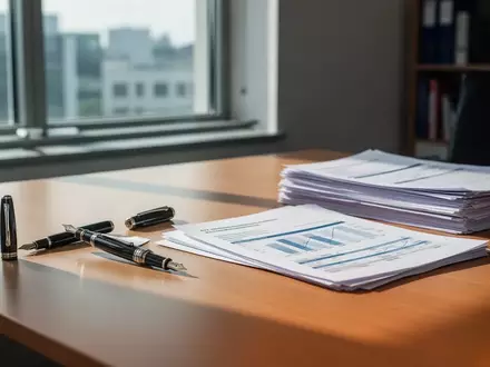 Ein aufgeräumter Schreibtisch mit hochwertigen Schreibgeräten und Finanzunterlagen in einem modernen Büro. - Foto: über boerse-global.de