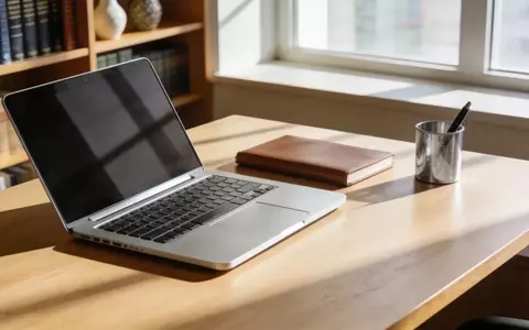Ein minimalistischer moderner Arbeitsplatz mit Laptop auf einem Holztisch bei natürlichem Tageslicht. - Foto: über boerse-global.de