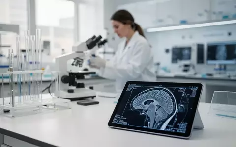 Eine medizinische Forschungsumgebung mit einem unscharfen Gehirnscan auf einem Tablet und einer Wissenschaftlerin im Hintergrund. - Foto: über boerse-global.de